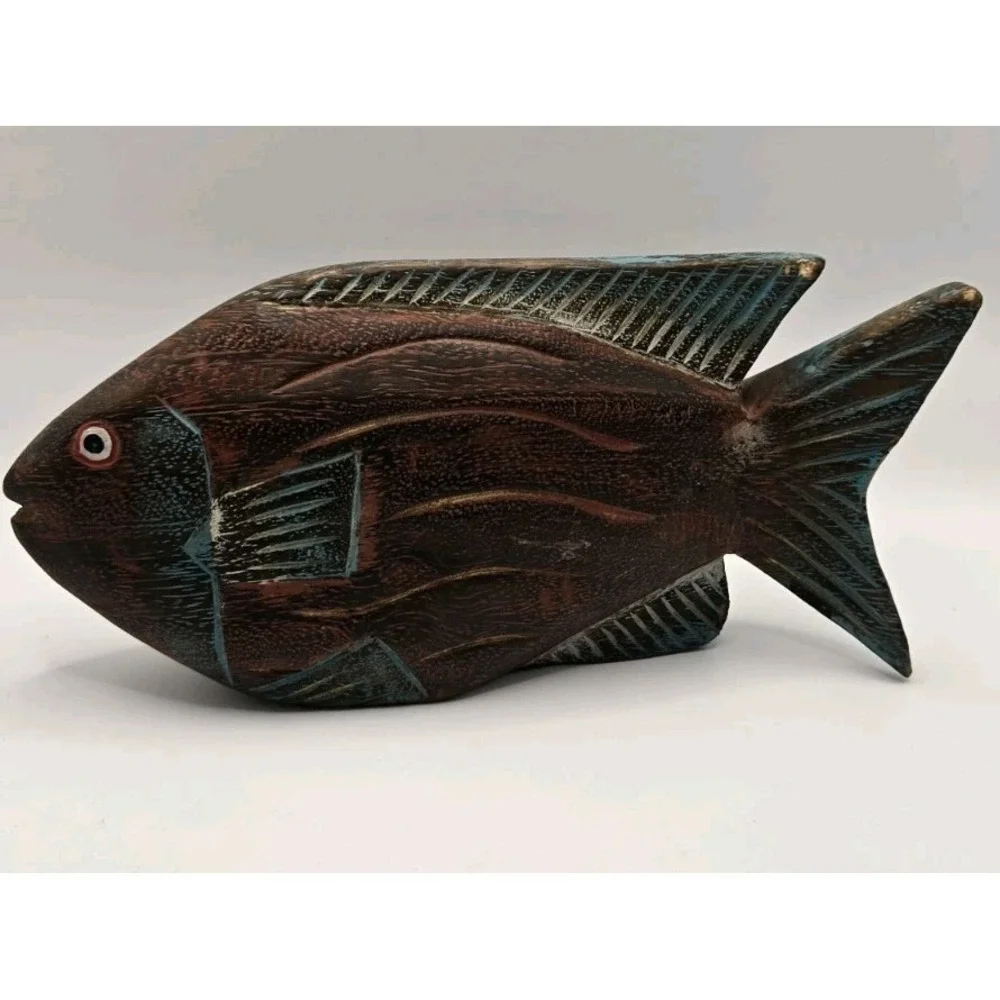 Vintage Carved Wood Fish Decor Coastal Nautical Rustic Boho 9